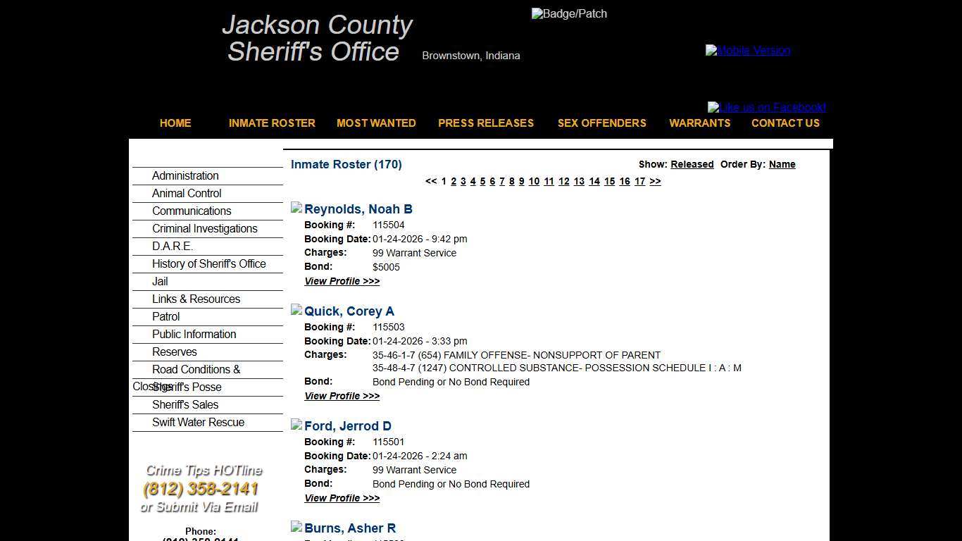 Inmate Roster - Current Inmates Booking Date Descending - Jackson County IN Sheriff